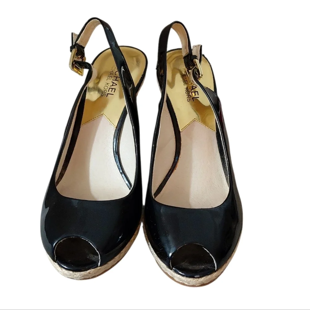 Michael Kors Keenan Black Patent Leather Peep Toe Espadrille Wedges Size 8